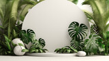 白地に空の白い丸いコースターとエキゾチックな葉,A white round coaster with no objects on it, accompanied by exotic leaves on a white background,Generative AI