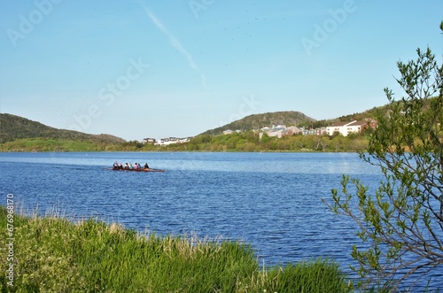 Kayak training on a picturesque lake