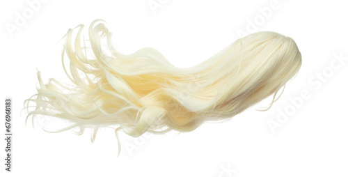 Wind blow long wavy curl Wig hair style fly fall. Gold Blonde woman wig hair float in mid air. Long straight Curly wavy golden wig hair wind blow cloud throw. White background isolated detail motion photo