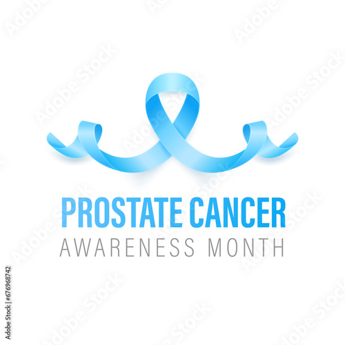 Prostate Cancer Banner, Card, Placard with Vector 3d Realistic Blue Ribbon on White Background. Prostate Cancer Awareness Month Symbol Closeup, September. World Prostate Cancer Day Concept