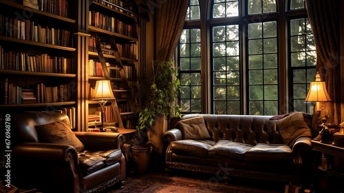 A library with a cozy corner for poetry and literary readings.