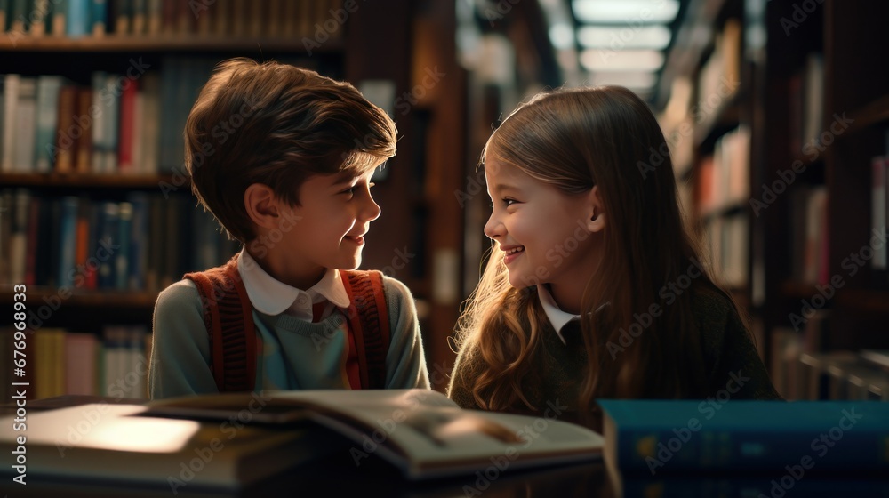 Education for your children concept. A happy boy and a girl enjoy reading books together in a library. Spending their precious time for their curiosity, creativity, literacy, and exploration. Education for your children concept. A happy boy and a girl enjoy reading books together in a library. Spending their precious time for their curiosity, creativity, literacy, and exploration.
