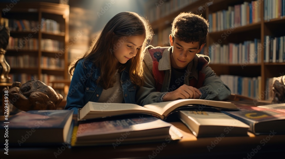Education for your children concept. A happy boy and a girl enjoy reading books together in a library. Spending their precious time for their curiosity, creativity, literacy, and exploration. Education for your children concept. A happy boy and a girl enjoy reading books together in a library. Spending their precious time for their curiosity, creativity, literacy, and exploration.