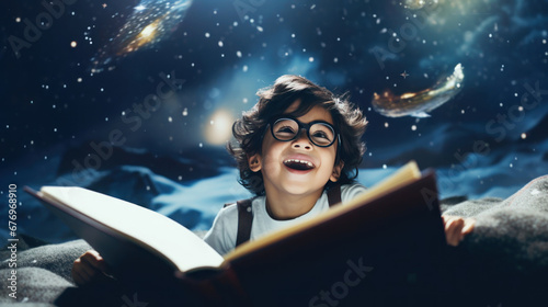 Education for your children concept. A happy boy with a book riding on a cloud in the night sky to explore, learn, and take his own adventure for his success.