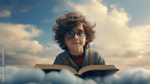 Education for your children concept. A happy boy with a book riding on a cloud in the sky to explore, learn, and take his own adventure for his success.