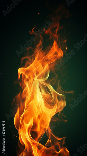 Fire flames on dark green background. Abstract fire flames isolated on plain background