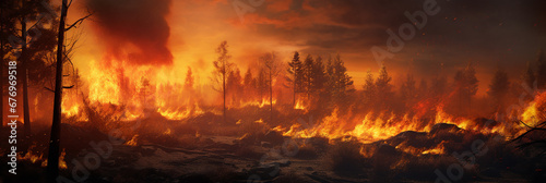 Forest fire, burning dry grass and trees in the foreground