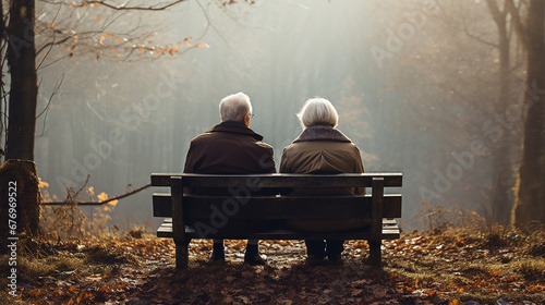 Elderly couple sitting on a bench in the autumn forest.