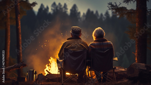 Back view of a senior couple sitting by the fire in the forest