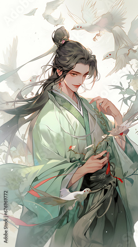 Anime Illustration of a Handsome Man in Traditional Chinese Costume