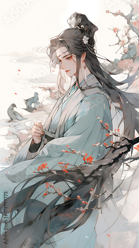 Anime Illustration of a Handsome Man in Traditional Chinese Costume
