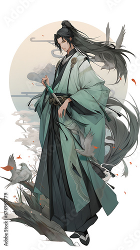Anime Illustration of a Handsome Man in Traditional Chinese Costume