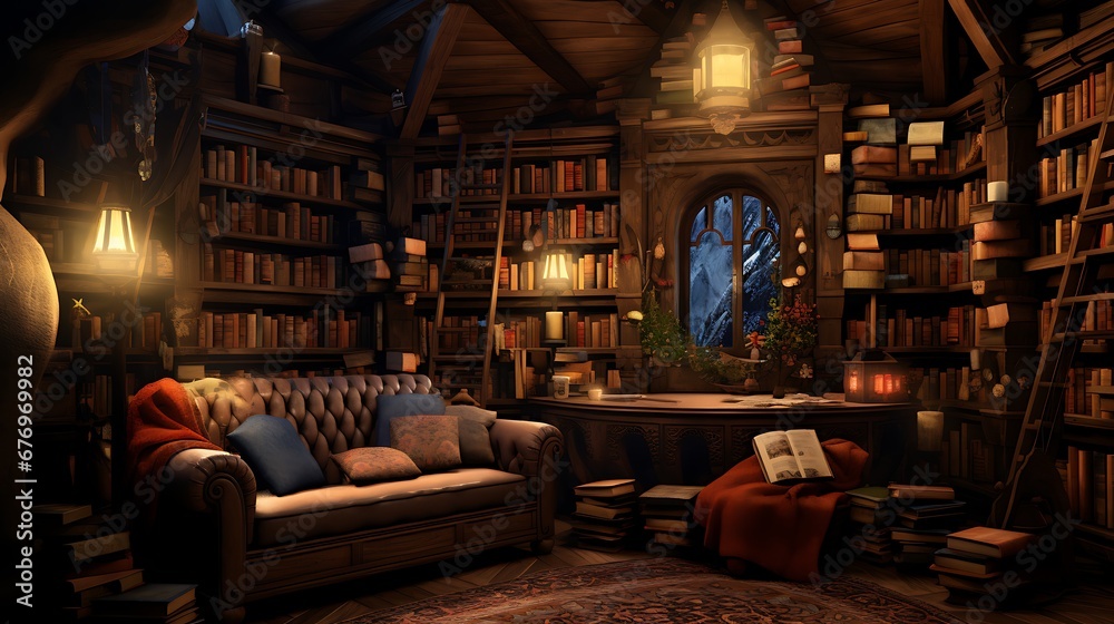 A library with a cozy corner for storytelling sessions.