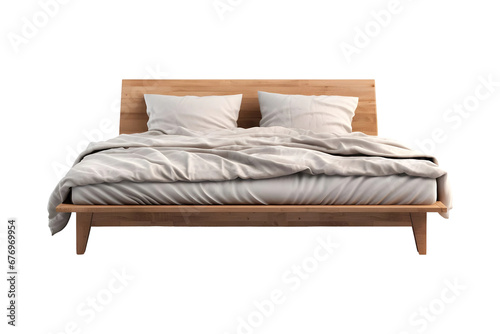 Wooden double bed with white pillows and mattress isolated on transparent background