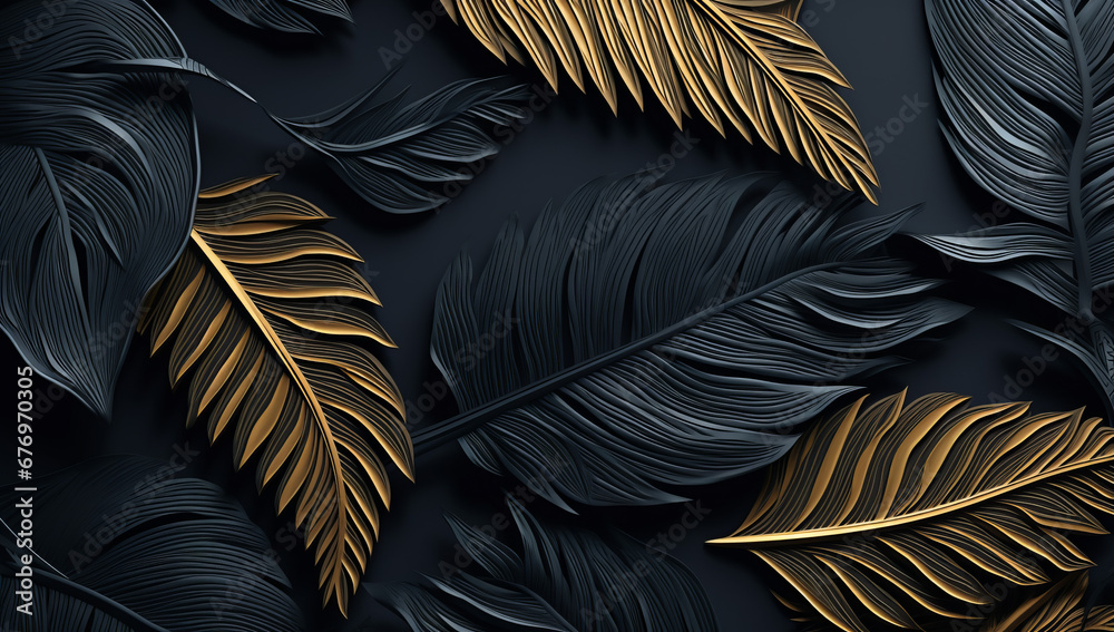 Golden and Black Tropical Leaves Seamless Pattern on a Dark Background: Exotic Botanical Design. Beautiful luxury dark blue textured background frame with golden and blue tropical leaves - obrazy, fototapety, plakaty 