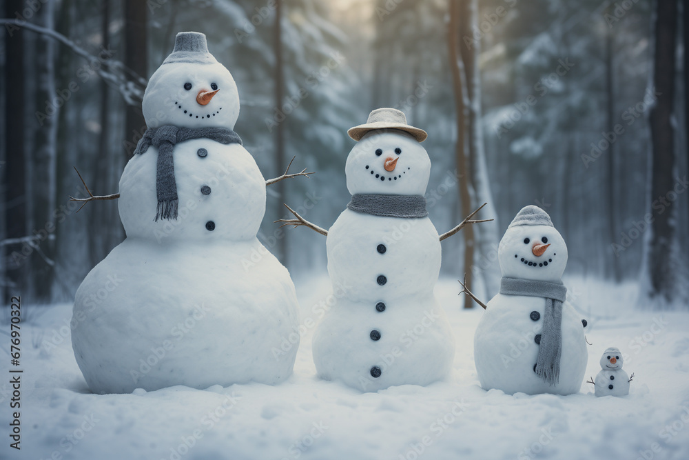 Snowman Family In Snowy Winter Forest Setting Snowman Family In Snowy Winter Forest Setting