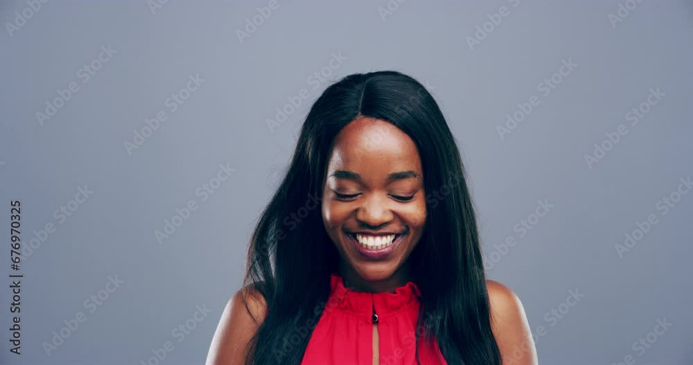 Woman, face and laughing at funny in studio or humor comedy or joke, mockup space on grey background. Black person, model as portrait happy emoji in goofy good mood or silly expression, meme or comic Woman, face and laughing at funny in studio or humor comedy or joke, mockup space on grey background. Black person, model as portrait happy emoji in goofy good mood or silly expression, meme or comic