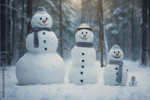 Snowman Family In Snowy Winter Forest Setting 