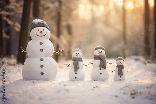 Snowman Family In Snowy Winter Setting at Christmas