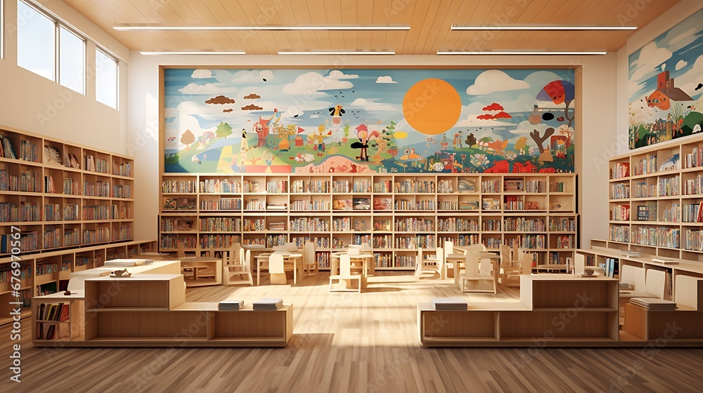 A library with a dedicated area for children's picture books. - obrazy, fototapety, plakaty 