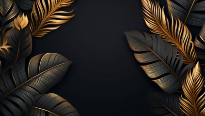 Golden and Black Tropical Leaves Seamless Pattern on a Dark Background: Exotic Botanical Design. Beautiful luxury dark blue textured background frame with golden and blue tropical leaves