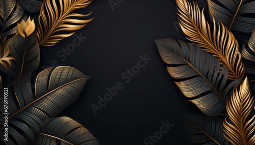 Golden and Black Tropical Leaves Seamless Pattern on a Dark Background: Exotic Botanical Design. Beautiful luxury dark blue textured background frame with golden and blue tropical leaves photo