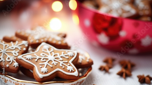 Holiday Delights: Sparkling Cookies and Ornamental Magic Capture the magic of the holiday season with a spread of glistening Christmas cookies and ornate decorations on the table.