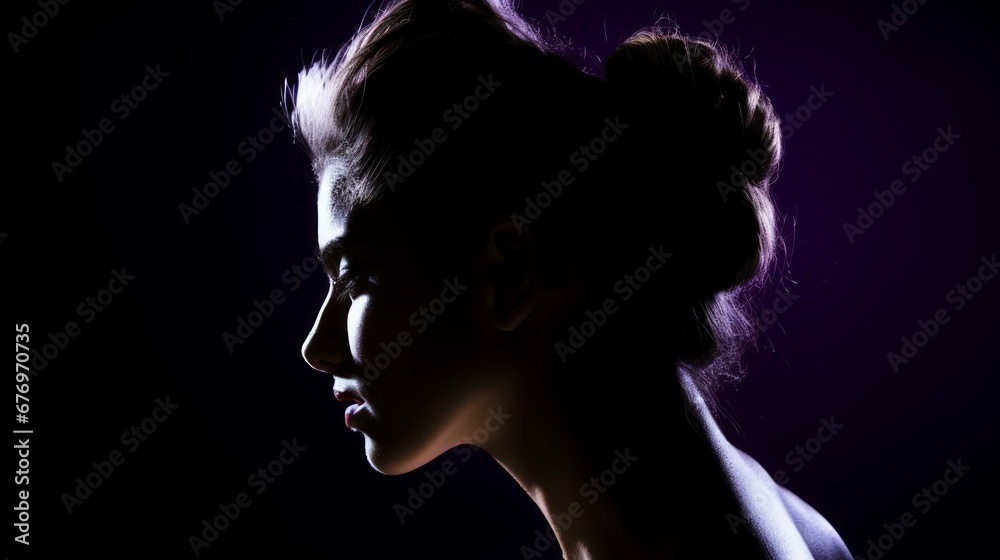 Close up portrait, silhouette of a woman on black background with copy space