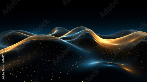 Golden wave of light on a black background, bright particles. Sound and music visualization.Golden Dust Splash