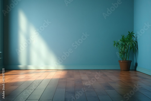 Clean interior with empty copyspace  Interior of empty room with blue wall and vase with flowers  Empty apartment room with wooden floor of beach house. Sea view from windows