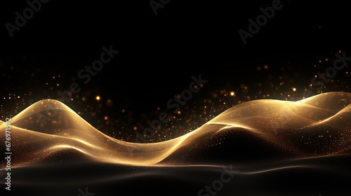 Golden wave of light on a black background, bright particles. Sound and music visualization.Golden Dust Splash photo