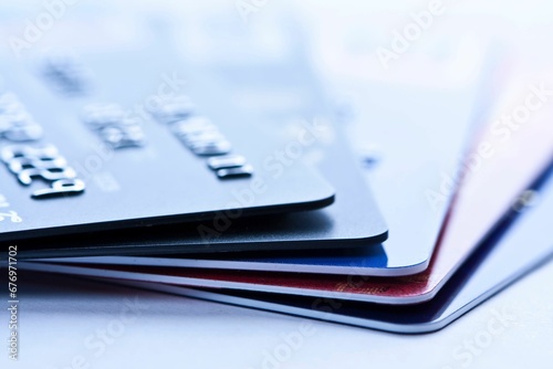 Closeup shot of bank cards on white background