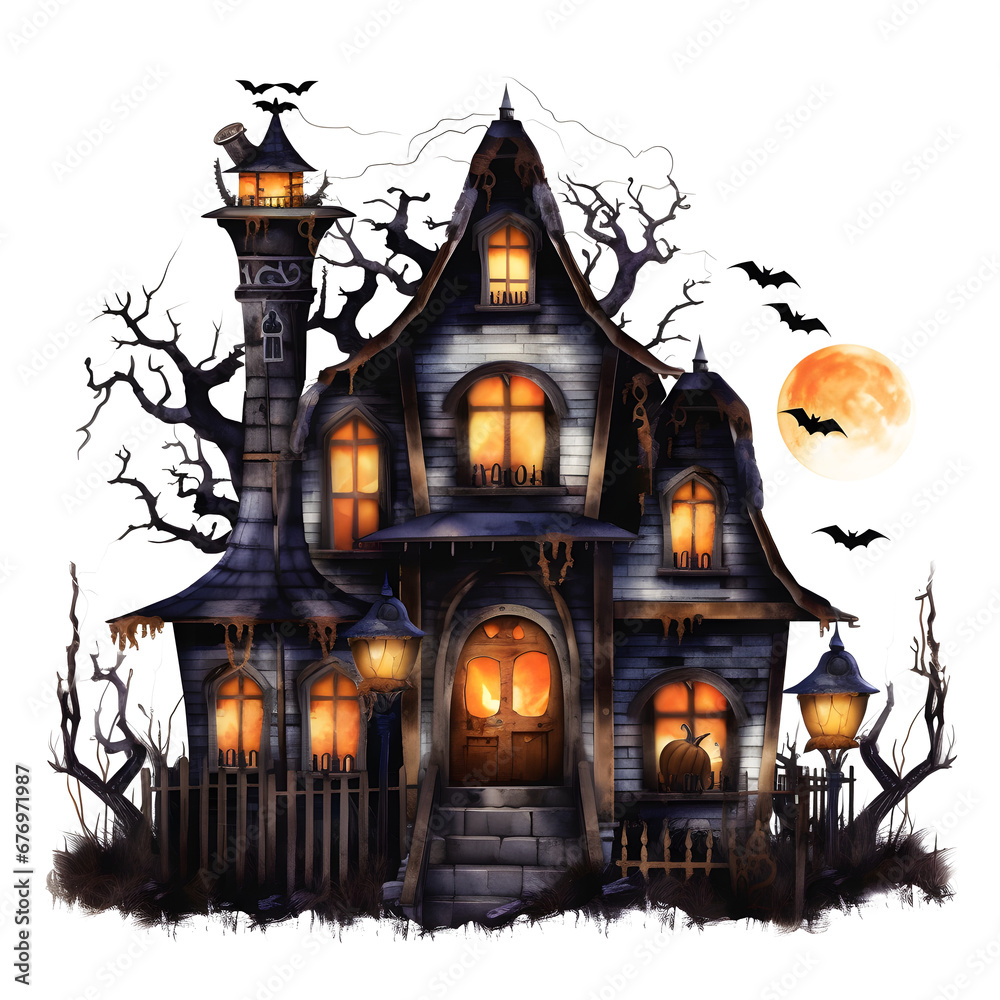 Halloween haunted house Spooky Night watercolor style isolated on white background, Halloween dark house pumpkins watercolor png illustration Halloween haunted house Spooky Night watercolor style isolated on white background, Halloween dark house pumpkins watercolor png illustration