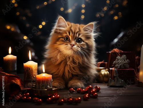 Christmas card background for cat lovers, festive cute cat in santa clause costume, christmas tree, candles, parcels and presents. Charming scenery with Christmas elements, heart-warming ambience.