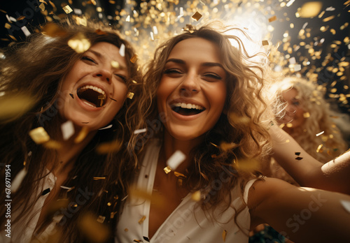 Young happy women partying, celebrating and having fun with friends on new years eve with flying confetti in the background