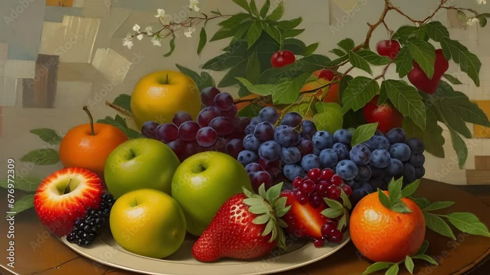 Still-life arrangement featuring a variety of vibrant fruits like apples, lemons, blueberries, and strawberries with lush green leaves and delicate white flowers, set against a wall Still-life arrangement featuring a variety of vibrant fruits like apples, lemons, blueberries, and strawberries with lush green leaves and delicate white flowers, set against a wall