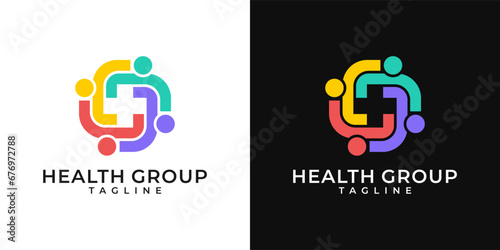 Medical healthcare community group logo. Plus sign logo with people design template. Vector logo of hospital, people, health care, cross symbol, colorful, fun, organic.