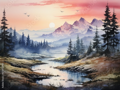Serene Mountain Watercolor