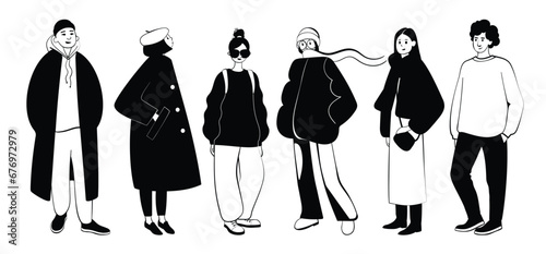 Group of stylish women and men in trendy spring or fall outfits. Hand drawn young people character set. Modern fashionable street style girls and guys. Vector black and white color illustration.
