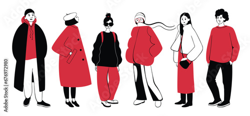 Group of stylish women and men in trendy spring or fall outfits. Hand drawn young people character set. Modern fashionable street style girls and guys. Vector red and black color illustration.