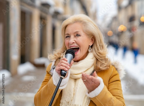 Blonde madam sing on the street on winter