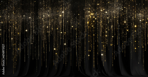 Elegant Golden Sparkles on Black Curtain Background
