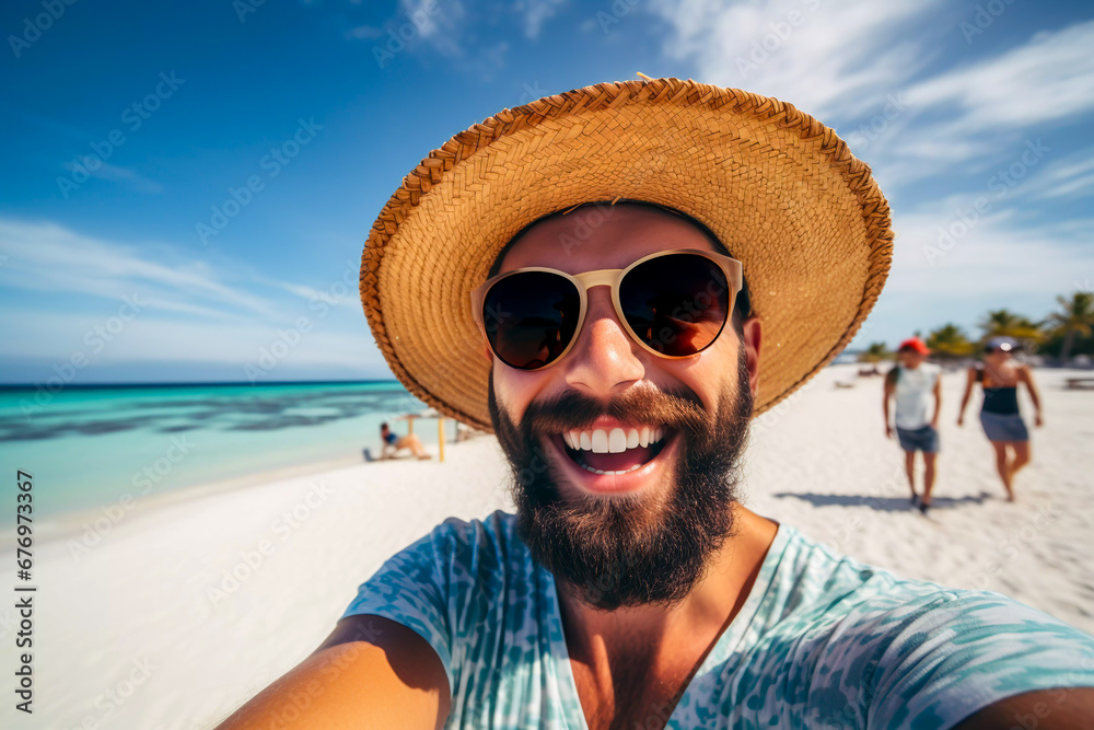 Selfie of an handsome excited young man in shades loving life smiling and having fun on the beach with the surf in the background having fun relaxing no cares or worries
