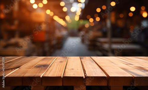 Blurred warehouse background with empty wooden table, product display montage,