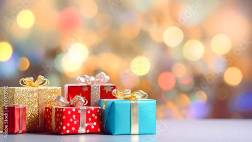 Colourful Christmas gift boxes with bows set against an outer focus background of Christmas lights Christmas and new year greeting card image wallpaper © RCH Photographic