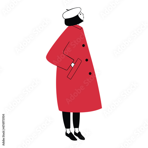 Young romantic woman in a red coat and beret. Modern hand-drawn female character standing in stylish apparel. Happy girl wearing casual clothes. Flat vector illustration isolated on white background.