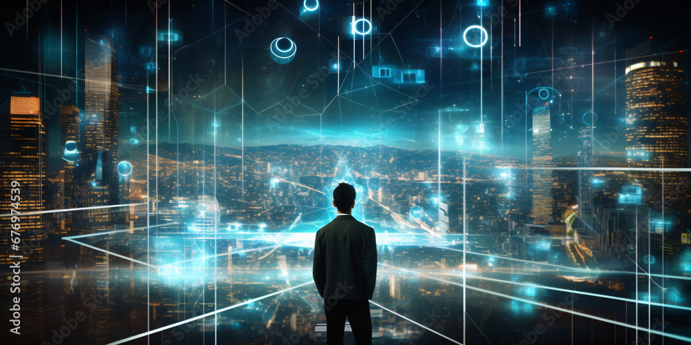 Business people looking at futuristic technology interface. Business people looking at futuristic technology interface.