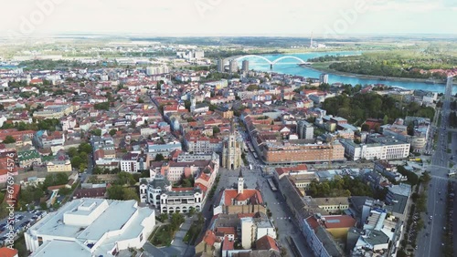 Aerial view of european city with architecture buildings and streets. Central square of small town cityscape, top view. Novi Sad, Serbia