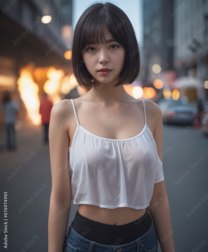 a woman with a short hair standing on a street corner