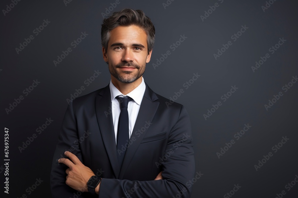 Thoughtful businessman looking at camera, smiling, one color background, generative ai Thoughtful businessman looking at camera, smiling, one color background, generative ai
